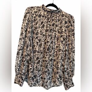H&M Floral Pleated Long Sleeve Blouse Size L Black Cream